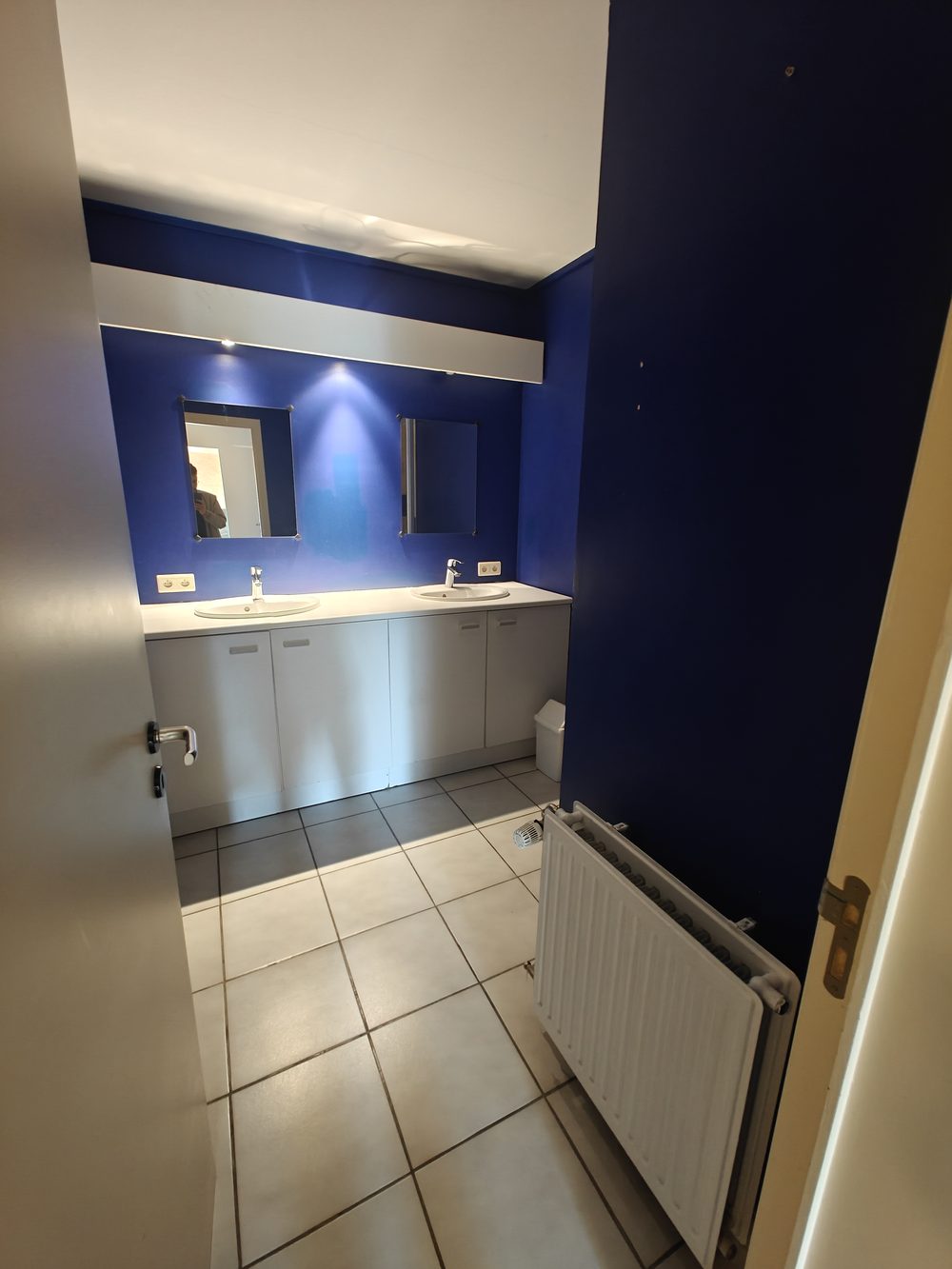 Avant travaux : salle de bain aux murs bleu marine avec plan de toilette d’origine